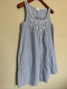 Miss Elaine Seersucker Nightgown Blue Stripe Sleeveless Embroidered